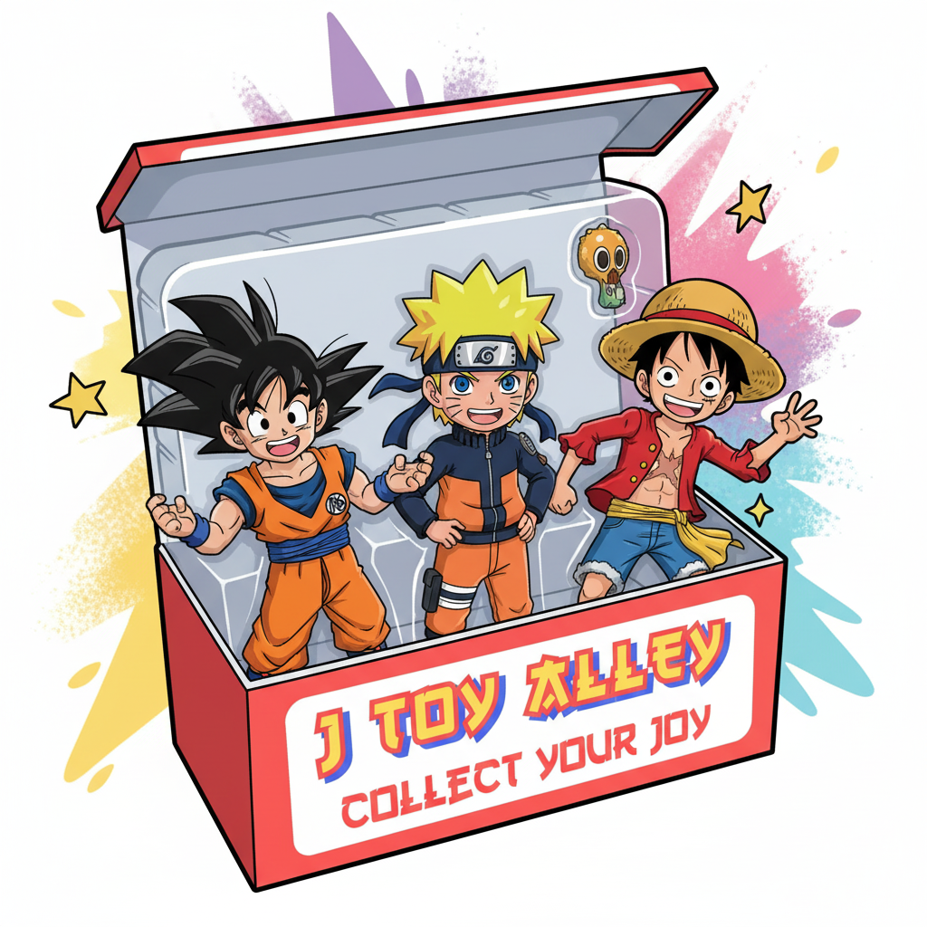 Goku, Naruto, and Luffy figure box with J Toy Alley logo